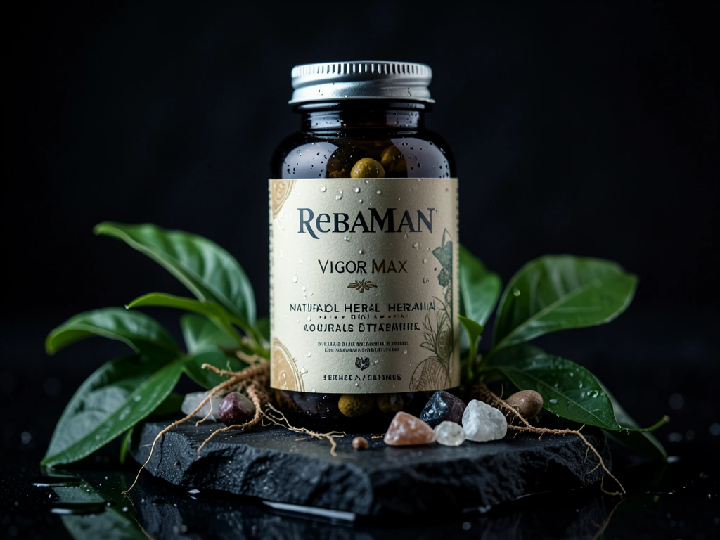 HerbaMan Vigor Max bottle on basalt stone